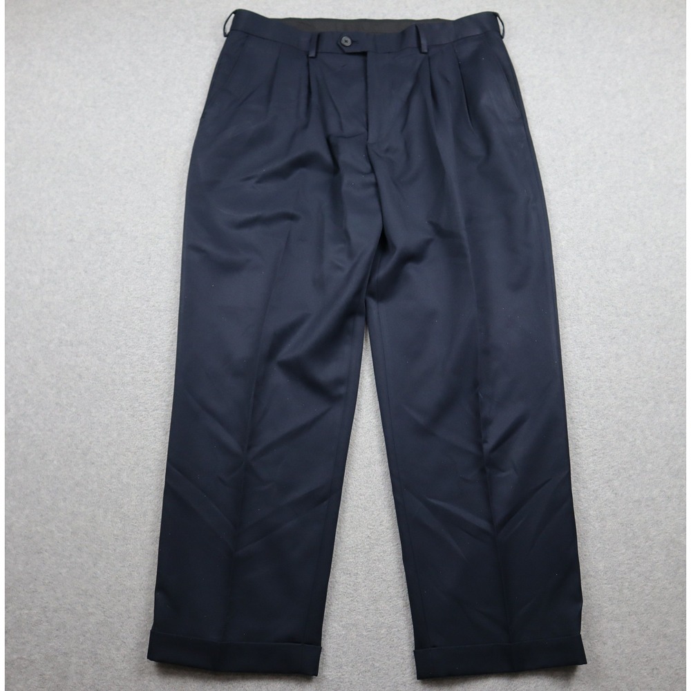 Izod Dress Pants Mens 36x30 Pleated Navy Blue Cuffed Trousers Business Casual